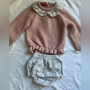 Charming Pink Knit Sweater and Floral Diaper Cover Set